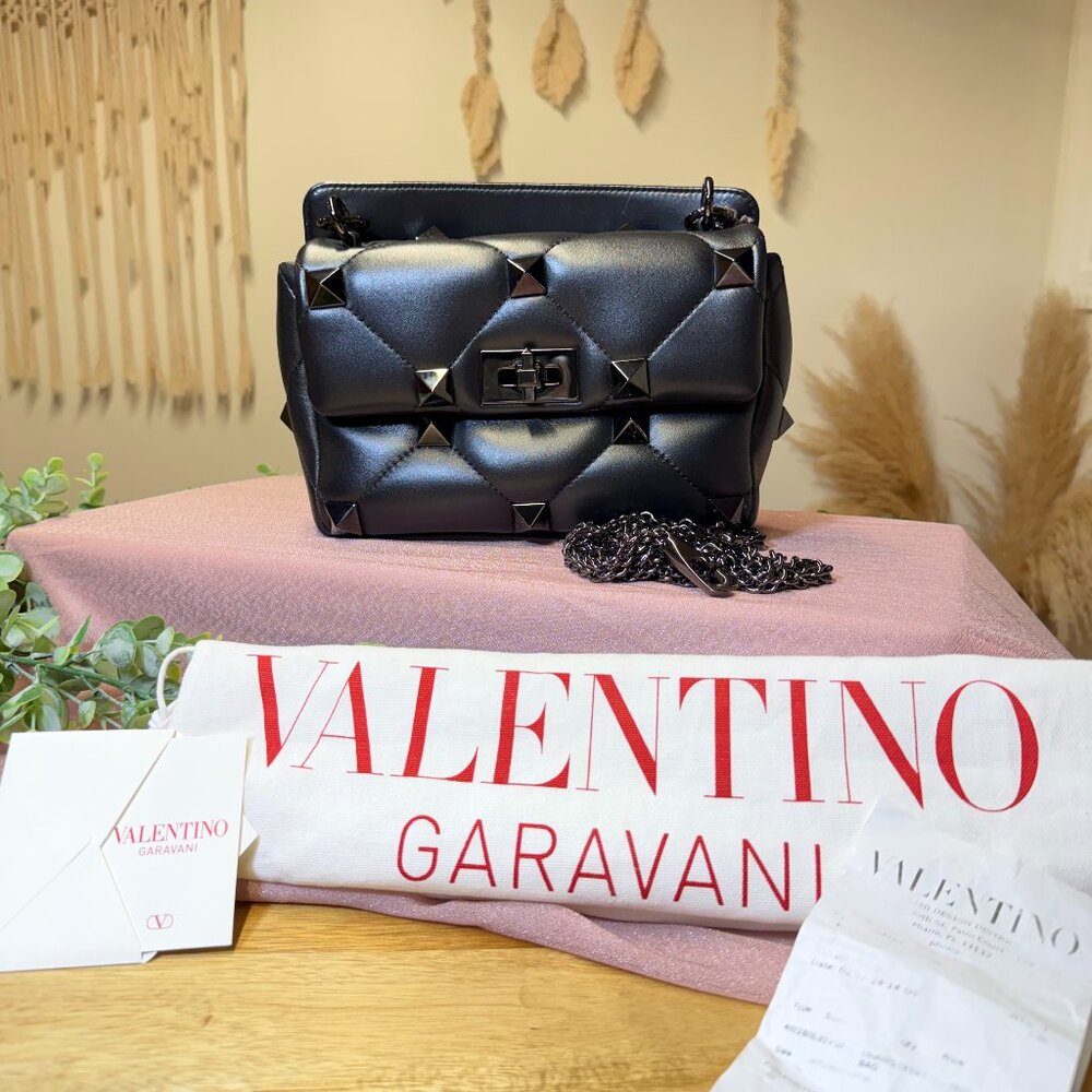 NWT Valentino Garavani Roman Stud Shoulder Bag – Black – New Receipt + COA